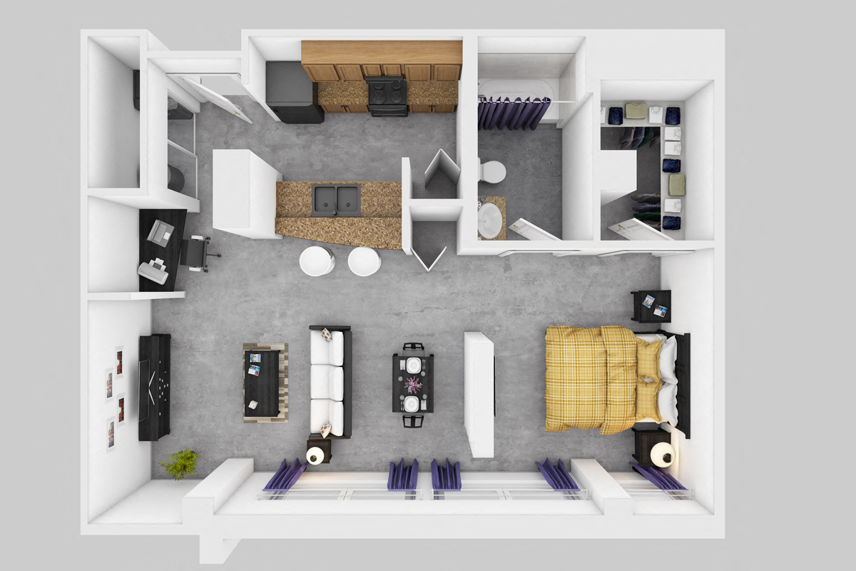 Floor plan for studio, 1 bath, 650 sqft